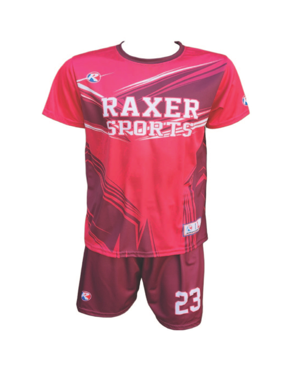 Custom sublimated soccer player uniform with team colors, logo, and number