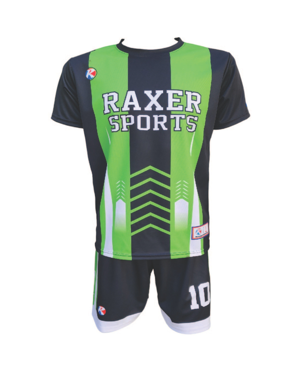 Custom sublimated soccer player uniform with team colors, logo, and number