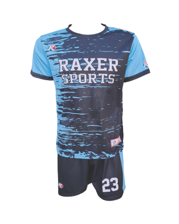 Custom sublimated soccer player uniform with team colors, logo, and number