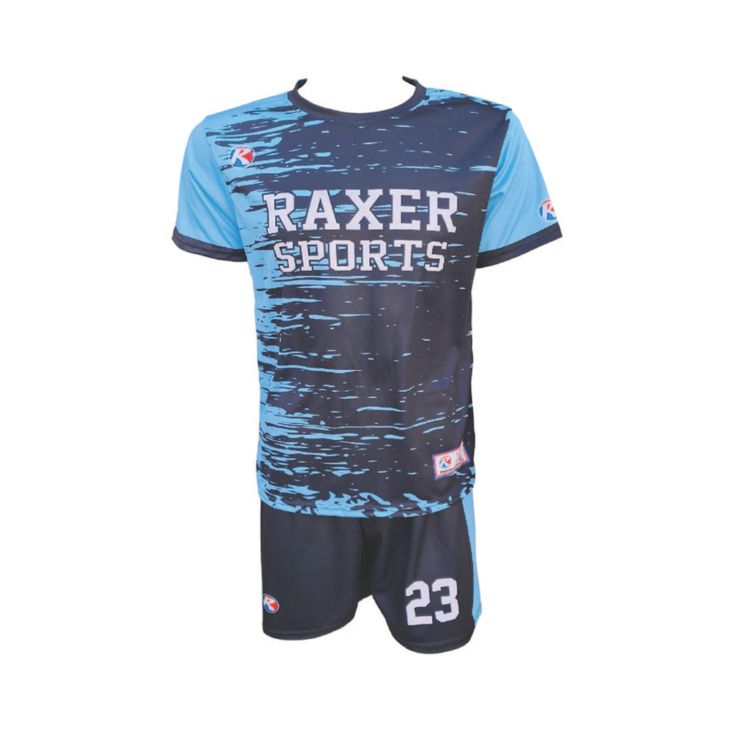 Custom sublimated soccer player uniform with team colors, logo, and number
