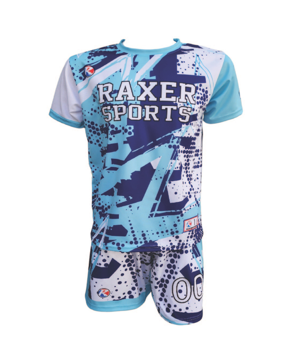 Custom sublimated soccer player uniform with team colors, logo, and number