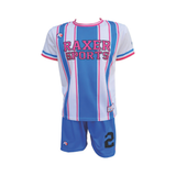 Custom sublimated soccer player uniform with team colors, logo, and number