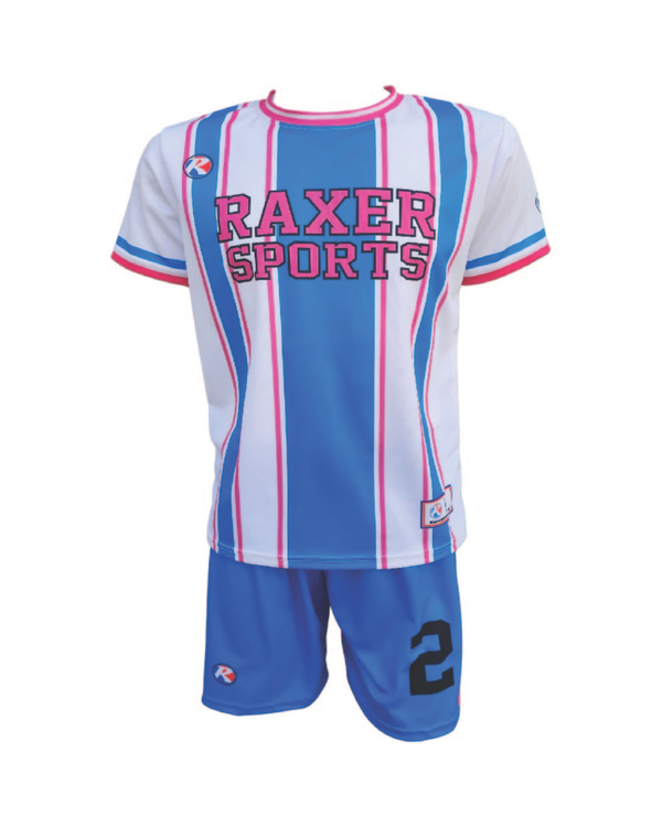 Custom sublimated soccer player uniform with team colors, logo, and number