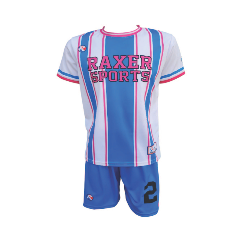 Custom sublimated soccer player uniform with team colors, logo, and number
