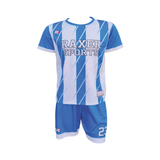 Custom sublimated soccer player uniform with team colors, logo, and number