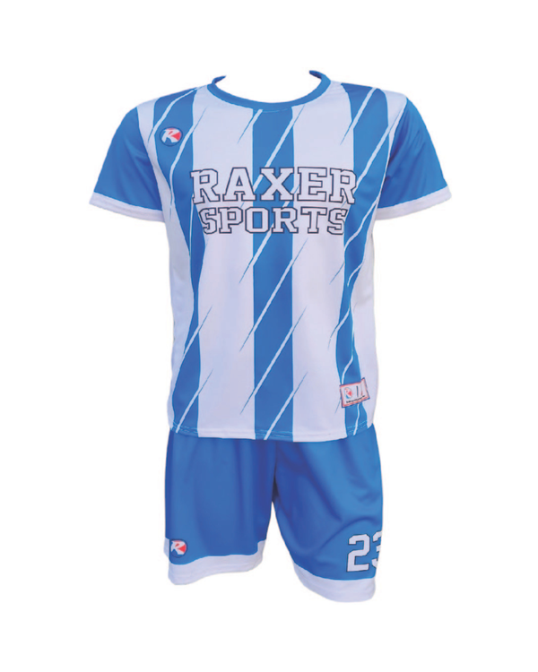 Custom sublimated soccer player uniform with team colors, logo, and number