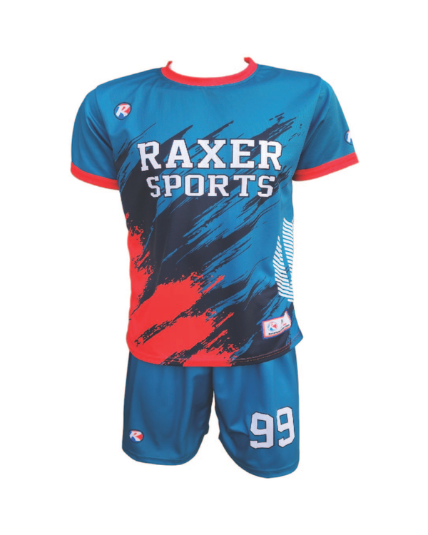 Custom sublimated soccer player uniform with team colors, logo, and number