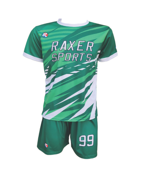 Custom sublimated soccer player uniform with team colors, logo, and number
