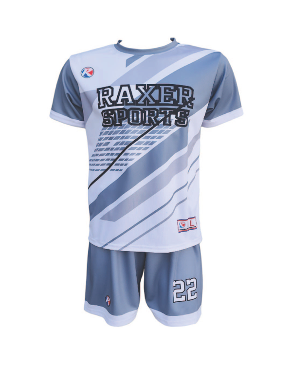 Custom sublimated soccer player uniform with team colors, logo, and number