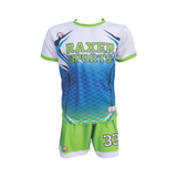 Custom sublimated soccer player uniform with team colors, logo, and number