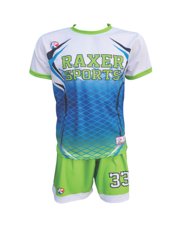 Custom sublimated soccer player uniform with team colors, logo, and number