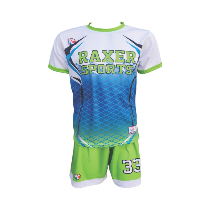 Custom sublimated soccer player uniform with team colors, logo, and number