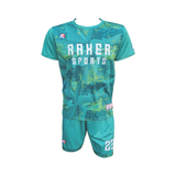 Custom sublimated soccer player uniform with team colors, logo, and number