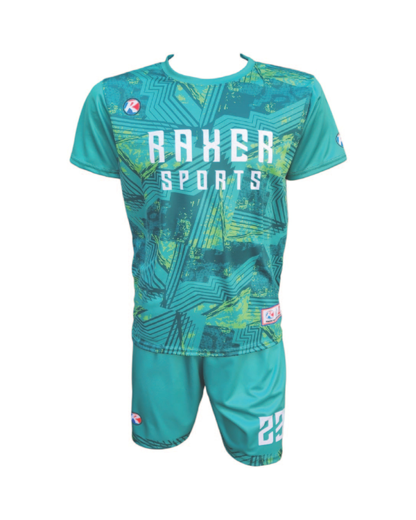 Custom sublimated soccer player uniform with team colors, logo, and number