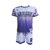 Custom sublimated soccer player uniform with team colors, logo, and number