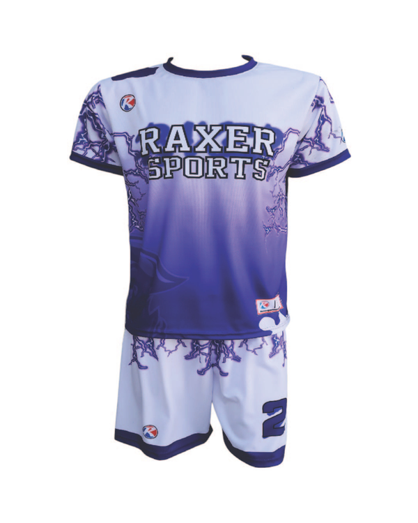 Custom sublimated soccer player uniform with team colors, logo, and number