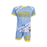 Custom sublimated soccer player uniform with team colors, logo, and number