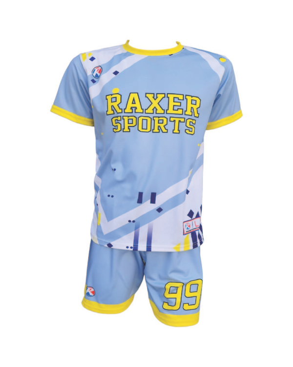 Custom sublimated soccer player uniform with team colors, logo, and number