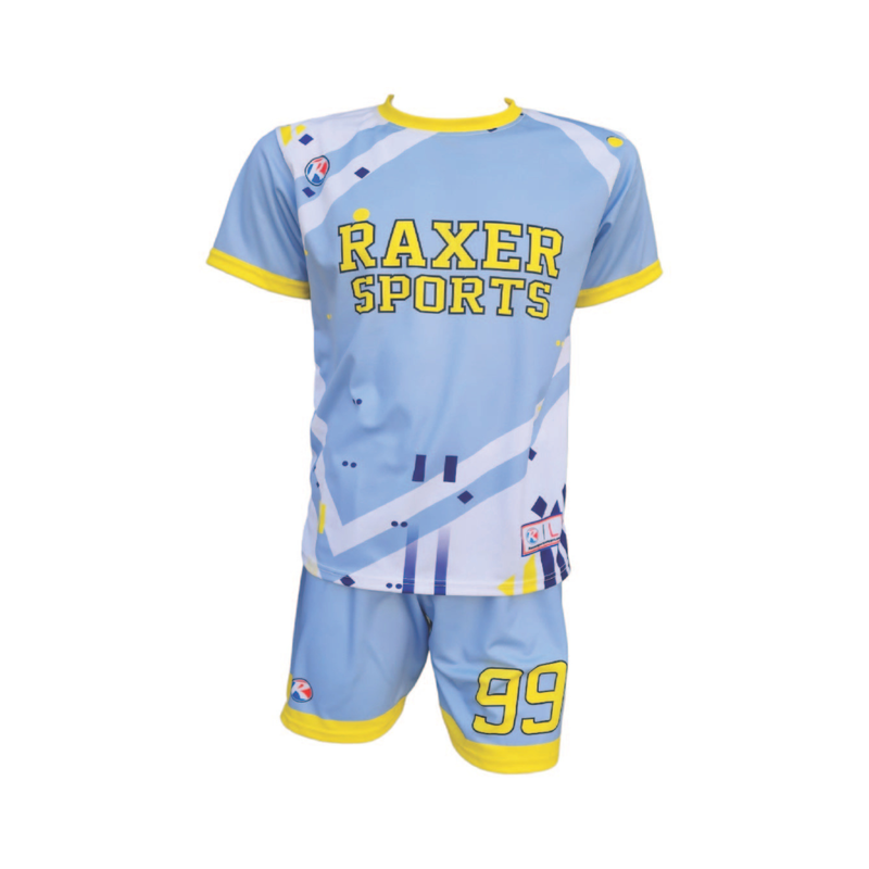 Custom sublimated soccer player uniform with team colors, logo, and number