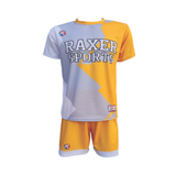 Custom sublimated soccer player uniform with team colors, logo, and number
