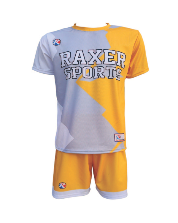 Custom sublimated soccer player uniform with team colors, logo, and number