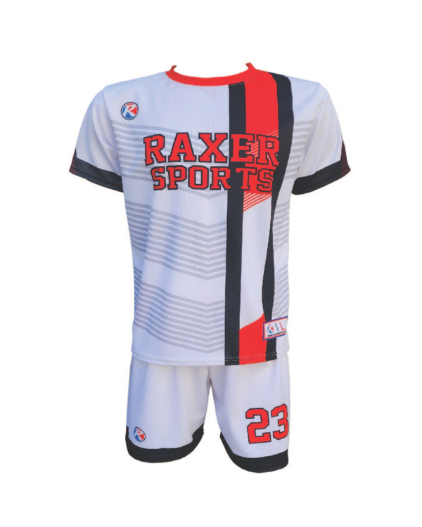 Custom sublimated soccer player uniform with team colors, logo, and number