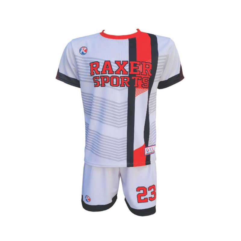 Custom sublimated soccer player uniform with team colors, logo, and number