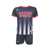 Custom sublimated soccer player uniform with team colors, logo, and number