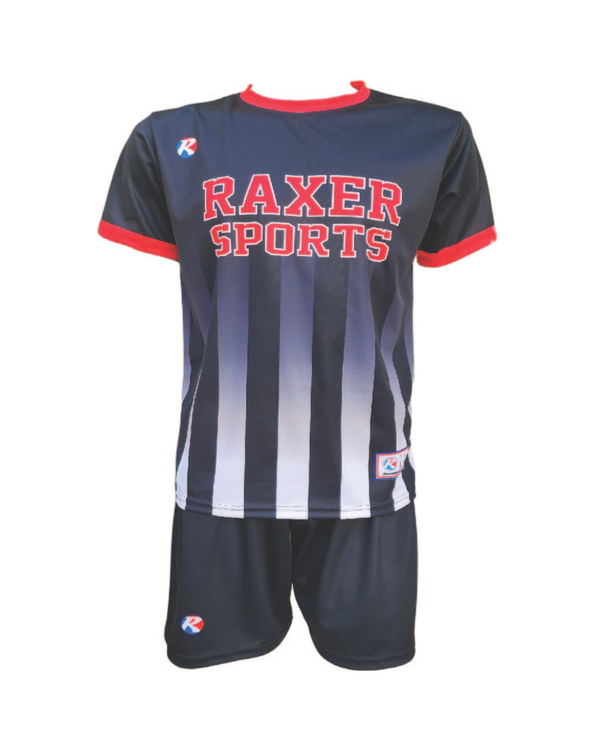Custom sublimated soccer player uniform with team colors, logo, and number