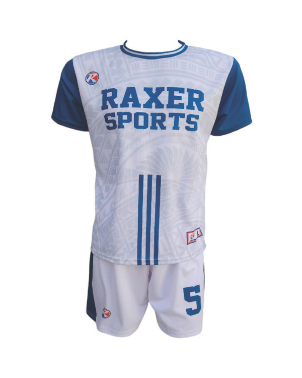 Custom sublimated soccer player uniform with team colors, logo, and number