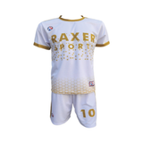 Custom sublimated soccer player uniform with team colors, logo, and number
