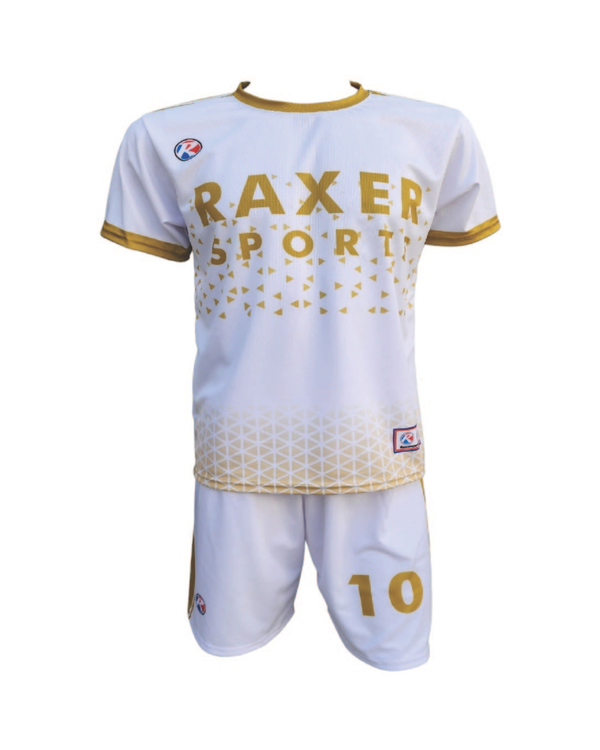 Custom sublimated soccer player uniform with team colors, logo, and number
