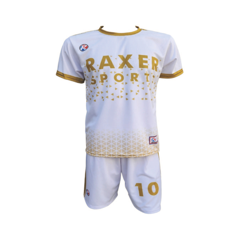 Custom sublimated soccer player uniform with team colors, logo, and number