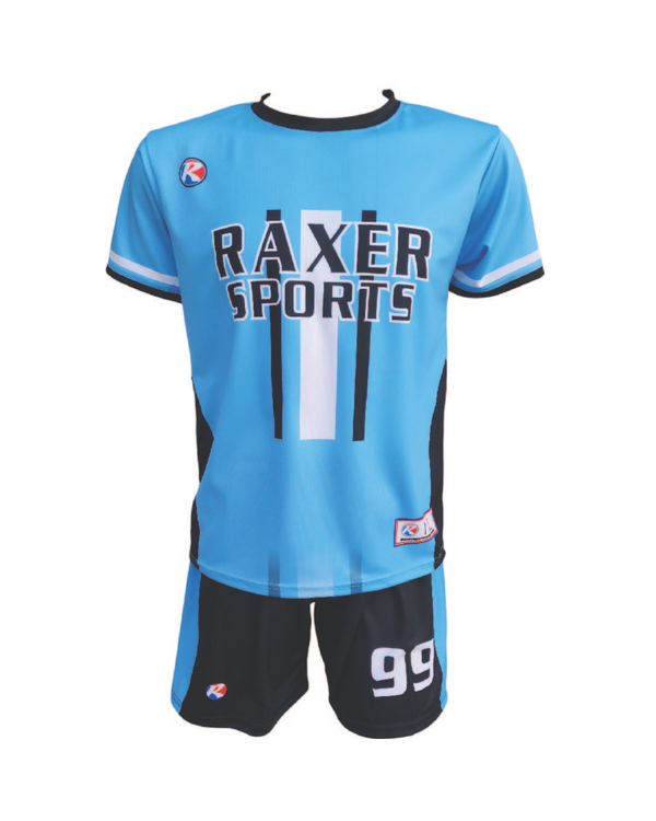 Custom sublimated soccer player uniform with team colors, logo, and number