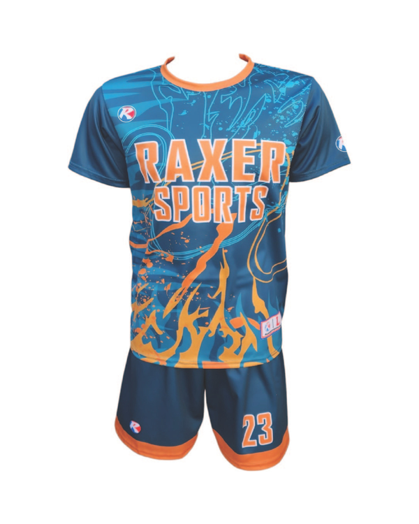 Custom sublimated soccer player uniform with team colors, logo, and number