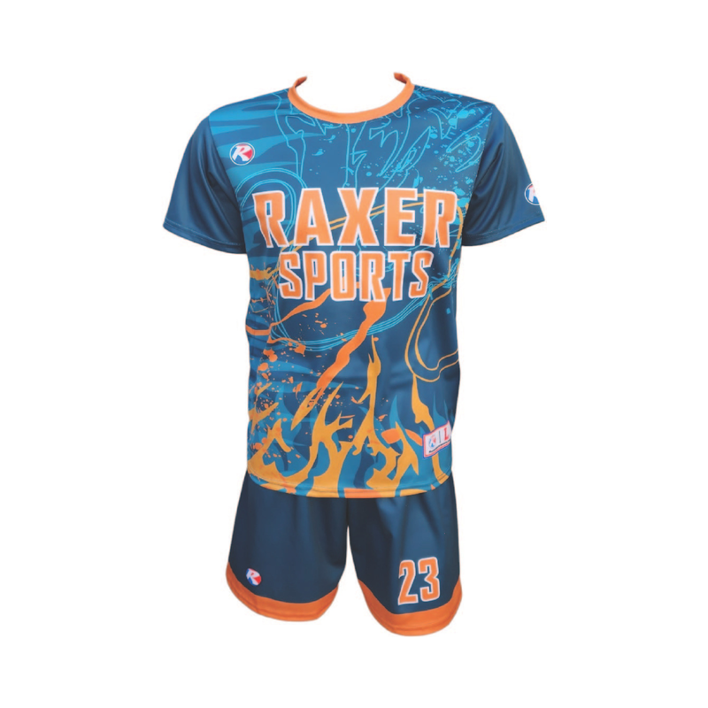 Custom sublimated soccer player uniform with team colors, logo, and number