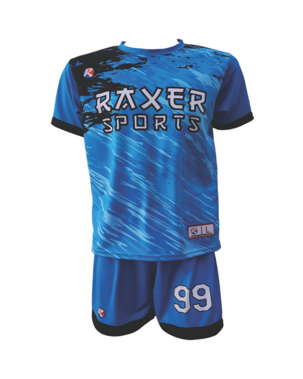 Custom sublimated soccer player uniform with team colors, logo, and number