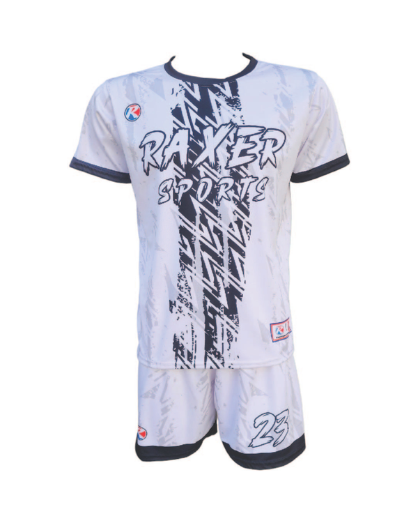 Custom sublimated soccer player uniform with team colors, logo, and number