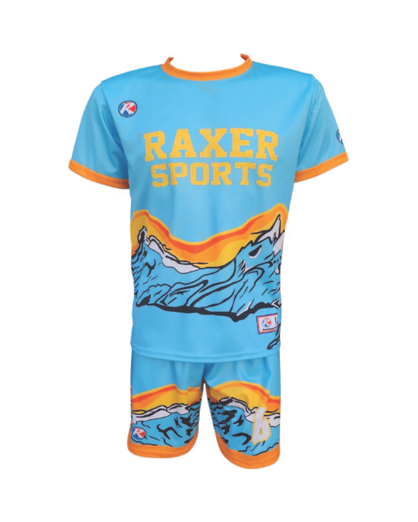 Custom sublimated soccer player uniform with team colors, logo, and number