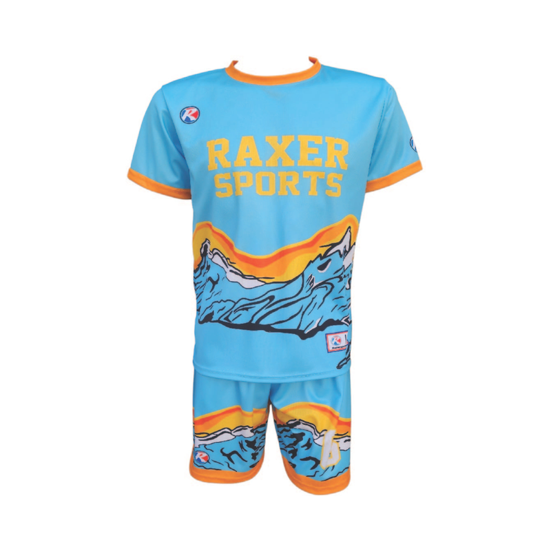 Custom sublimated soccer player uniform with team colors, logo, and number