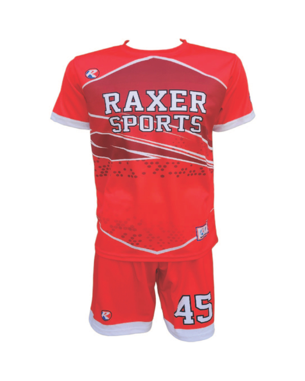 Custom sublimated soccer player uniform with team colors, logo, and number
