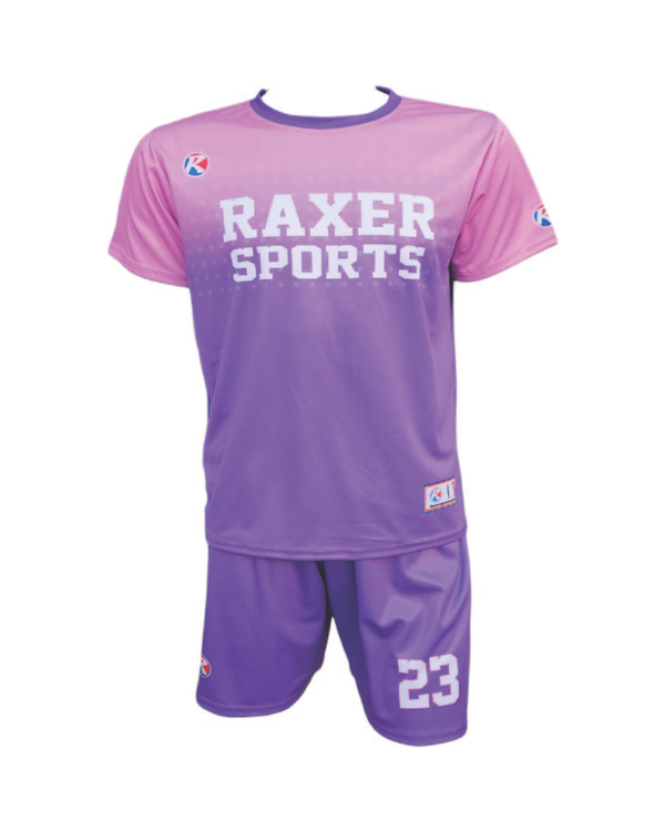 Custom sublimated soccer player uniform with team colors, logo, and number