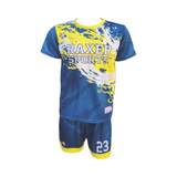 Custom sublimated soccer player uniform with team colors, logo, and number