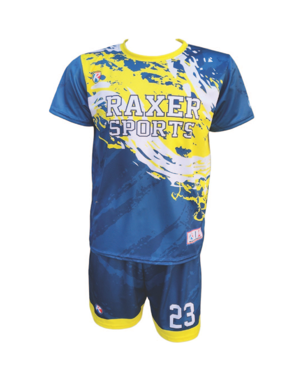 Custom sublimated soccer player uniform with team colors, logo, and number
