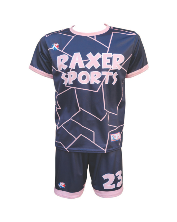 Custom sublimated soccer player uniform with team colors, logo, and number