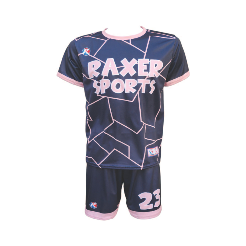 Custom sublimated soccer player uniform with team colors, logo, and number