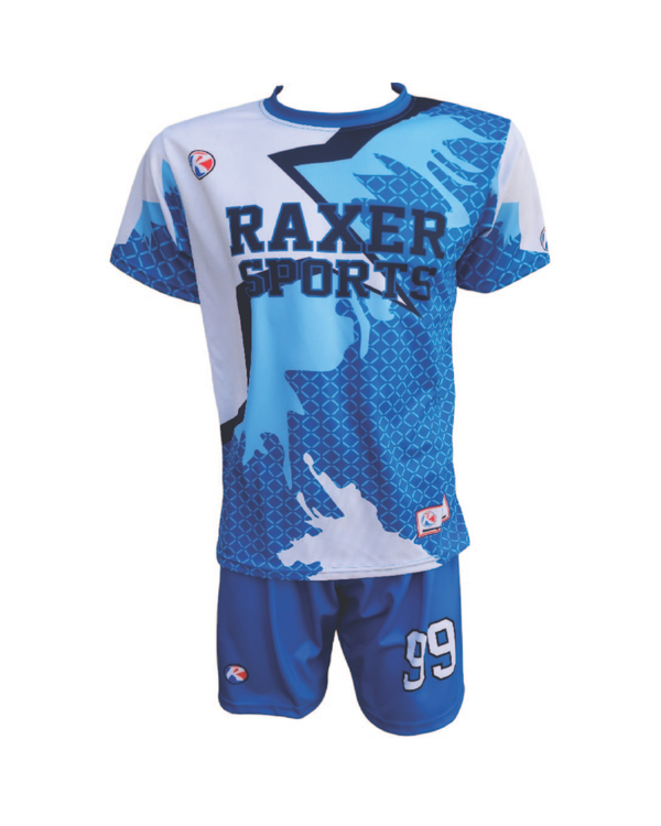 Custom sublimated soccer player uniform with team colors, logo, and number