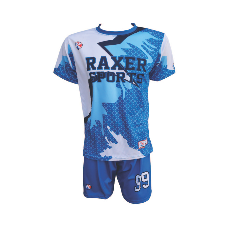 Custom sublimated soccer player uniform with team colors, logo, and number