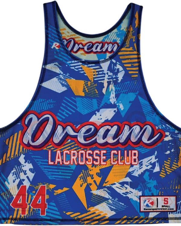 Custom sublimated men's single ply reversible lacrosse pinnie in blue and white design