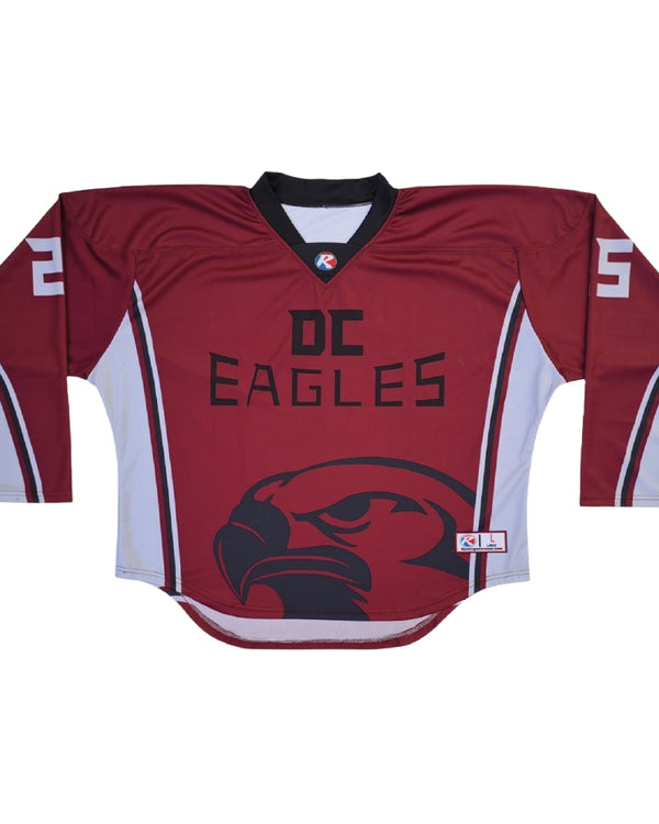 Custom sublimated box lacrosse jersey with team colors and full-color design